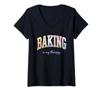 Mujer Baking is My Therapy, Divertido diseño Floral con Palabras para Amantes de la repostería Camiseta Cuello V