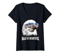 Mujer Bald is Beautiful 4 de Julio USA Patriótico Divertido Águila Calva Camiseta Cuello V