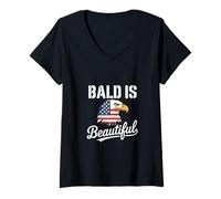Mujer Bald Is Beautiful Bandera Americana Águila Calva Camiseta Cuello V