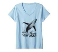 Mujer Ballena Azul Rompiendo Olas Océano Bosquejo Estética Vida Marina Camiseta Cuello V