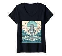 Mujer Ballena azul se levanta bajo un sol arremolinado y olas estampadas Camiseta Cuello V