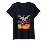 Mujer Baloncesto Level Up Retro Pixel Art Videojuego Gamer Camiseta Cuello V