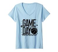 Mujer Baloncesto Mamá Game Day Tipoff Temporada Retro Cuadros Camiseta Cuello V