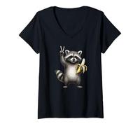 Mujer Banana Mapache Lover Victory Sign Foody Cool Fruit Racoon Camiseta Cuello V