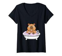 Mujer Bañando Capybara Cartoon Cute Water Pig en diseño de bañera Camiseta Cuello V