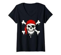 Mujer Bandana roja de calavera pirata goteando para Halloween, horror Camiseta Cuello V