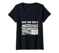 Mujer Bandera Americana al revés, patriótica, 4 de Julio, Salva Nuestras Almas Camiseta Cuello V