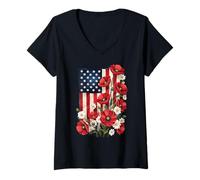 Mujer Bandera americana, amapolas rojas y margaritas blancas, arte patriótico Camiseta Cuello V