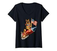 Mujer Bandera Americana de Pastor alemán del 4 de Julio Camiseta Cuello V