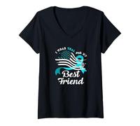 Mujer Bandera Americana I Wear Teal For My Best Friend Cervical Cancer Camiseta Cuello V