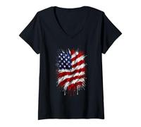 Mujer Bandera Americana Splash Art Design Patriotic USA Flag Camiseta Cuello V