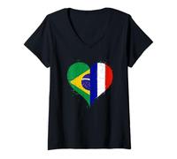 Mujer Bandera Brasil Francia para Fanáticos Brasileños Franceses Camiseta Cuello V