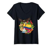 Mujer Bandera Colombiana Rodeada De Símbolos Tropicales Y Vida Silvestre Camiseta Cuello V