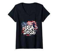 Mujer Bandera Colorida de Salpicaduras de Pintura de Estados Unidos 26 Camiseta Cuello V