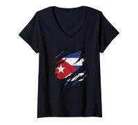 Mujer Bandera Cubana Diseño Rasgado Patriotismo Camiseta Cuello V