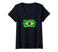 Mujer Bandera de Brasil Orgullo Brasileño Ilustrado Grunge Tattered Camiseta Cuello V