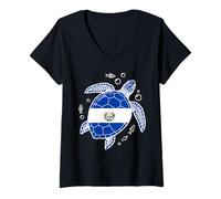 Mujer Bandera de El Salvador Peces Tortuga Marina Burbujas Camiseta Cuello V