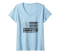 Mujer Bandera de Estados Unidos Animador Animación Dibujar Boceto Animar Cuentacuentos Camiseta Cuello V