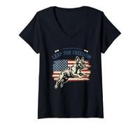 Mujer Bandera de Estados Unidos con diseño de Bulldog francés Leap for Freedom Camiseta Cuello V