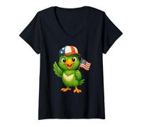 Mujer Bandera de Estados Unidos con loro verde del 4 de julio, Día de la Independencia para Camiseta Cuello V