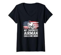 Mujer Bandera de Estados Unidos de My Favorite Airman Calls Me Mom Camiseta Cuello V