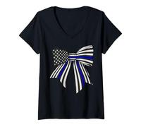 Mujer Bandera de Estados Unidos de policía con línea Azul Delgada Camiseta Cuello V