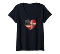 Mujer Bandera de Estados Unidos, Noruega, corazón, Herencia Noruega Noruega Americana Camiseta Cuello V