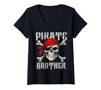 Mujer Bandera de Hermano Pirata Jolly Roger y Huesos Cruzados de Calavera para Halloween Camiseta Cuello V