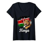 Mujer Bandera de Kenia León Rugiente Escudo Masai Patriota Camiseta Cuello V