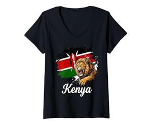 Mujer Bandera de Kenia León Rugiente Escudo Masai Patriota Camiseta Cuello V