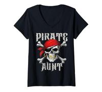 Mujer Bandera de la tía Pirata Jolly Roger y Huesos Cruzados de Calavera para Halloween Camiseta Cuello V