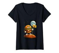 Mujer Bandera de la Victoria de la Luna de Astronauta de Hamburguesa Camiseta Cuello V