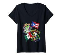 Mujer Bandera de México con Rana Coqui puertorriqueña, águila Mexicana, Boricua Camiseta Cuello V