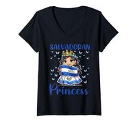Mujer Bandera de Princesa salvadoreña Mariposa Linda Chibi Camiseta Cuello V