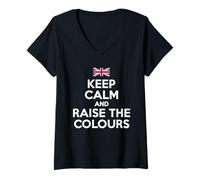 Mujer Bandera de Reino Unido con Texto en inglés «Keep Calm and Raise The Colours» Camiseta Cuello V