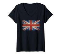 Mujer Bandera de Reino Unido de Gran Bretaña en Estilo súper Sucio Camiseta Cuello V