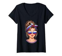 Mujer Bandera de Rusia Messy Bun Bandana Gafas De Sol Chica Rusa Camiseta Cuello V