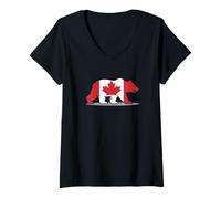 Mujer Bandera de silueta de oso de hoja de arce canadiense Camiseta Cuello V