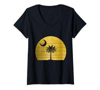 Mujer Bandera del Estado de Carolina del Sur Palmetto Moon Vintage Camiseta Cuello V