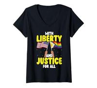Mujer Bandera del Orgullo de Estados Unidos con Liberty and Justice For All Pride Month Camiseta Cuello V