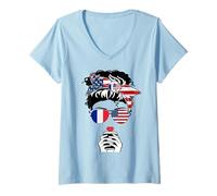 Mujer Bandera Francesa Americana de café mamá niña Hermana tía Francia Estados Unidos Camiseta Cuello V