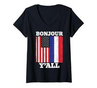 Mujer Bandera Francesa Americana de Estados Unidos Francia Bonjour Y'all Camiseta Cuello V