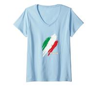 Mujer Bandera Italia Camiseta Cuello V, Azul Bebé, L