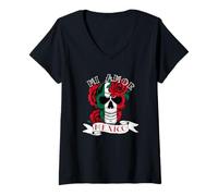 Mujer Bandera Mexicana Día de la Independencia México Mi Amor Skull Roses Camiseta Cuello V