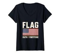 Mujer Bandera patriótica conservadora Patrimonio de fe y Fortaleza Camiseta Cuello V