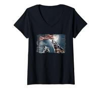 Mujer Bandera patriótica de Lobo y Luna Americana Arte de Vida silv Camiseta Cuello V