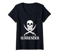 Mujer Bandera Pirata Calavera y Espadas Surrender Pecho Barco Pirata Camiseta Cuello V