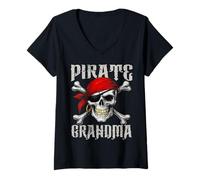 Mujer Bandera Pirata de Abuela Jolly Roger y Huesos Cruzados de Calavera para Halloween Camiseta Cuello V