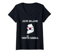 Mujer Bandera Retro de Corea del Sur de la Isla de Jeju Camiseta Cuello V