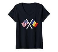 Mujer Banderas Cruzadas de Estados Unidos y Andorra con raíces Dobles Camiseta Cuello V